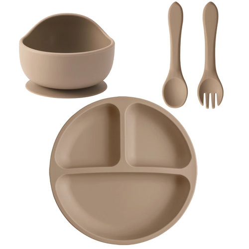 4PCS Baby Silicone Feeding Set Suction Dishes Plate Spoon Fork BPA