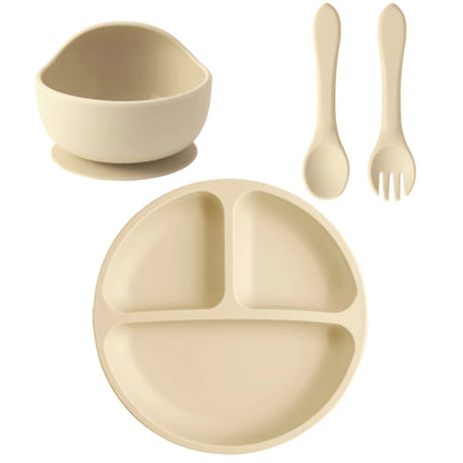 4PCS Baby Silicone Feeding Set Suction Dishes Plate Spoon Fork BPA
