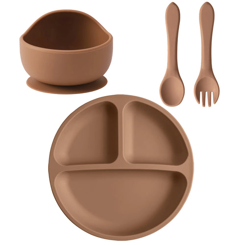 4PCS Baby Silicone Feeding Set Suction Dishes Plate Spoon Fork BPA