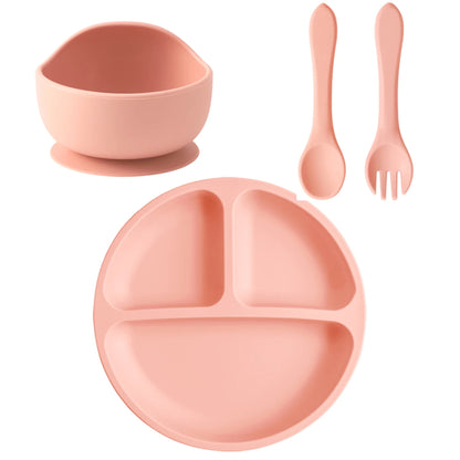 4PCS Baby Silicone Feeding Set Suction Dishes Plate Spoon Fork BPA
