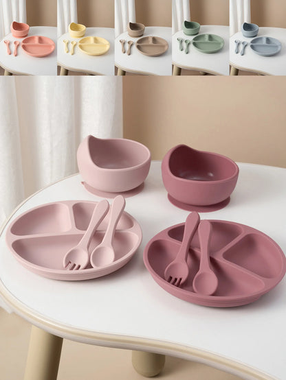 4PCS Baby Silicone Feeding Set Suction Dishes Plate Spoon Fork BPA