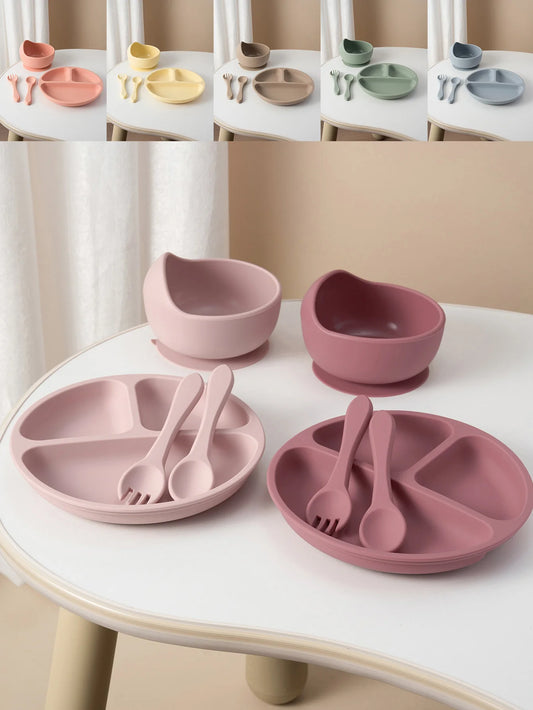 4PCS Baby Silicone Feeding Set Suction Dishes Plate Spoon Fork BPA