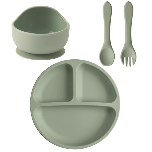 4PCS Baby Silicone Feeding Set Suction Dishes Plate Spoon Fork BPA