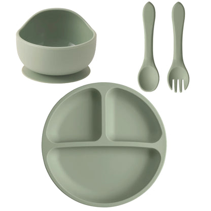 4PCS Baby Silicone Feeding Set Suction Dishes Plate Spoon Fork BPA