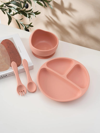 4PCS Baby Silicone Feeding Set Suction Dishes Plate Spoon Fork BPA