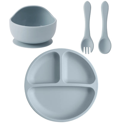 4PCS Baby Silicone Feeding Set Suction Dishes Plate Spoon Fork BPA