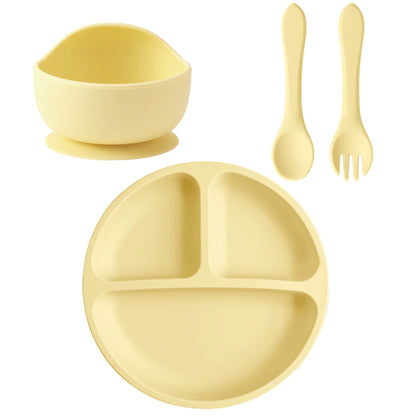 4PCS Baby Silicone Feeding Set Suction Dishes Plate Spoon Fork BPA