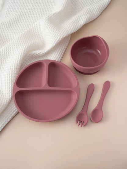 4PCS Baby Silicone Feeding Set Suction Dishes Plate Spoon Fork BPA
