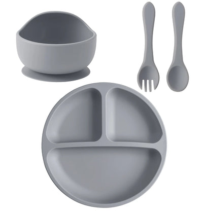 4PCS Baby Silicone Feeding Set Suction Dishes Plate Spoon Fork BPA
