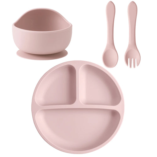 4PCS Baby Silicone Feeding Set Suction Dishes Plate Spoon Fork BPA